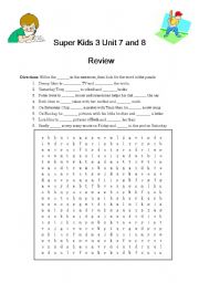 English worksheet: Super Kids 3 Unit7 and 8 Word Search