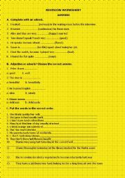 English worksheet: Revision worksheet on adverbs, prepositional verbs, past tenses, the definite article