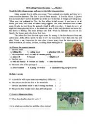 A reading Comprehension text about Lions and Zebras