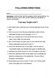 English worksheet: Following Directions