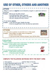 English Worksheet: USE OF OTHER, OTHERS AND ANOTHER WITH EXERCISES. YOLANDA