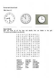 English worksheet: review time, days, months, past, can, present progressive