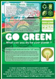 English Worksheet: Go green - Poster and questions