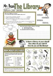 English Worksheet: Mr Bean - The Library (2 pages)