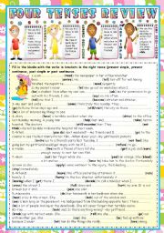 FOUR TENSES REVIEW -PRESENT SIMPLE- PRESENT CONTINUOUS-PAST SIMPLE AND PAST CONTINUOUS (B&W VERSION+ KEY INCLUDED)