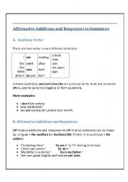 English worksheet: Affirmative Additions and Responses to Sentences