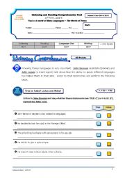 English Worksheet: Test (listening and reading comprehension) - A World of Many Languages/ The World of Teens+correction