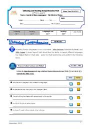 Test (listening and reading comprehension) - A World of Many Languages/ The World of Teens+correction