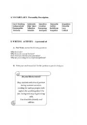 English Worksheet: WRITING ACTIVITY- PERSONALITY DESCRIPTION