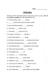 Articles Worksheet