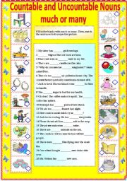 COUNTABLE AND UNCOUNTABLE NOUNS - MUCH AND MANY (B/W VERSION AND ANSWER KEY)