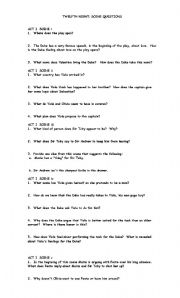 English worksheet: Twelfth Night Study Guide Questions