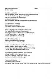 English worksheet: American Saturday Night Lyrics Analysis