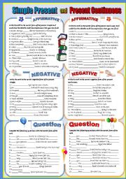 PRESENT SIMPLE VS PRESENT CONTINUOUS-  A COMPLETE REVISION- *AFFIRMATIVE**NEGATIVE* *INTERROGATIVE * and *SHORT ANSWERS*.