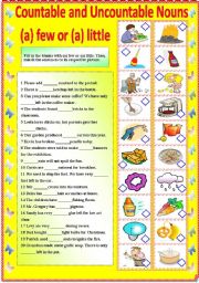 English Worksheet: COUNTABLE AND UNCOUNTABLE NOUNS - A FEW OR A LITTLE (B/W VERSION AND ANSWER KEY)