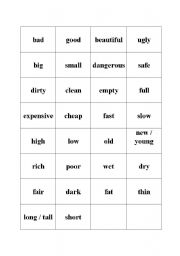 English Worksheet: cards to play memory game - common adjectives (15 pairs)