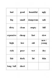 English worksheet: cards to play memory game - common adjectives (15 pairs)