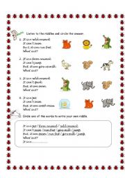 English Worksheet: animals riddles