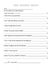 English Worksheet: reported speech test