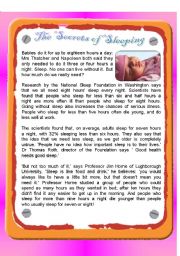 English Worksheet: Reading - The Secrets of Sleeping