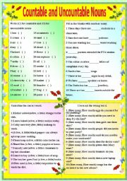 COUNTABLE AND UNCOUNTABLE NOUNS - (B/W VERSION AND ANSWER KEY)