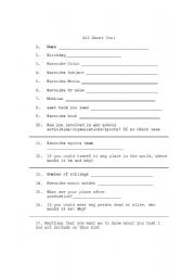 English Worksheet: All about Me Introduction Sheet