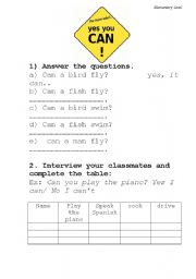 English Worksheet: Can, Cant - Abilities
