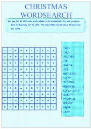 English worksheet: CHRISTMAS WORDSEARCH