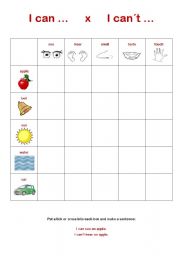English Worksheet: I can see an apple. I cant hear an apple.