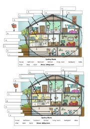 English Worksheet: Rooms in a Hous Labeling