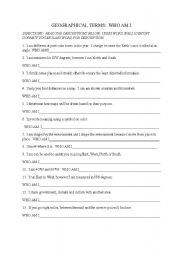 English Worksheet: Geographical Terms Who Am I--Vocabulary 