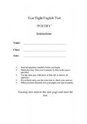 English Worksheet: year 8 poetry test