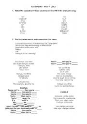 English Worksheet: Song of Opposites: Hot n Cold by Katy Perry