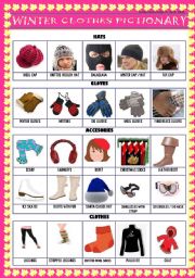 English Worksheet: PICTIONARY OF WINTER ACCESORIES & SOME CLOTHES - Editable!!!