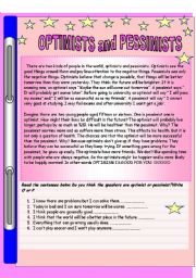 English Worksheet: reading text about optimism and pessimism (3 pages with questions and group works)