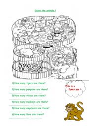 English Worksheet: Count the animals at the zoo