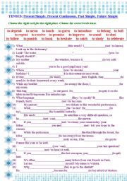English Worksheet: Tenses: Present Simple, Present Continuous, Past Simple, Future Simple. Vocabulary Choice.