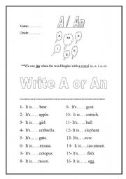 Using A Or An Esl Worksheet By Moolan