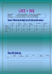 English Worksheet: LIKE + VERB + ING