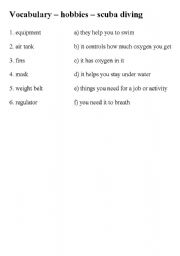 English Worksheet: Hobbies - scuba diving vocabulary