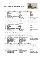 English Worksheet: Mr. Beans Holiday Quiz