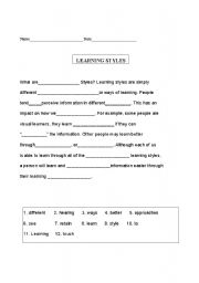 English worksheet: Learning styles cloze passage