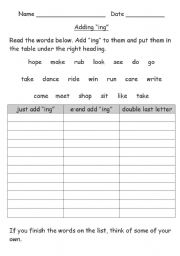 English Worksheet: adding ing