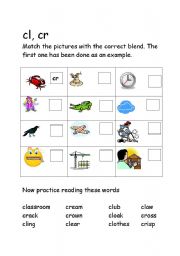 English worksheet: blends cl, cr 