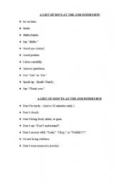 English worksheet: A LIST OF DOS AT THE JOB INTERVIEW