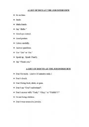 English Worksheet: A LIST OF DOS AT THE JOB INTERVIEW