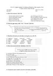 English worksheet: First Examination for 7th Grade Learners