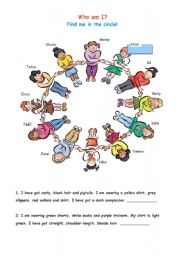 English Worksheet: Who am I? Find me in the circle! (2nd part: Describe me to your friend!)