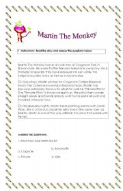 English Worksheet: Martin the Monkey Reading Comprehension