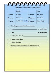 English worksheet: THE VERB   TO HAVE   PAST TENSE